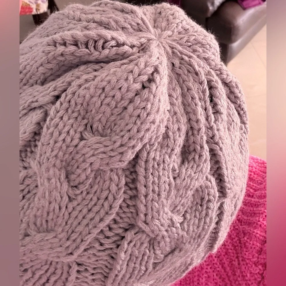 Beanie in Light Pink Piozaed  Women's Knit Toboggan Gray Winter Out Fit